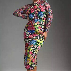 Anthro Rouched Longsleeve Mesh Floral Dress